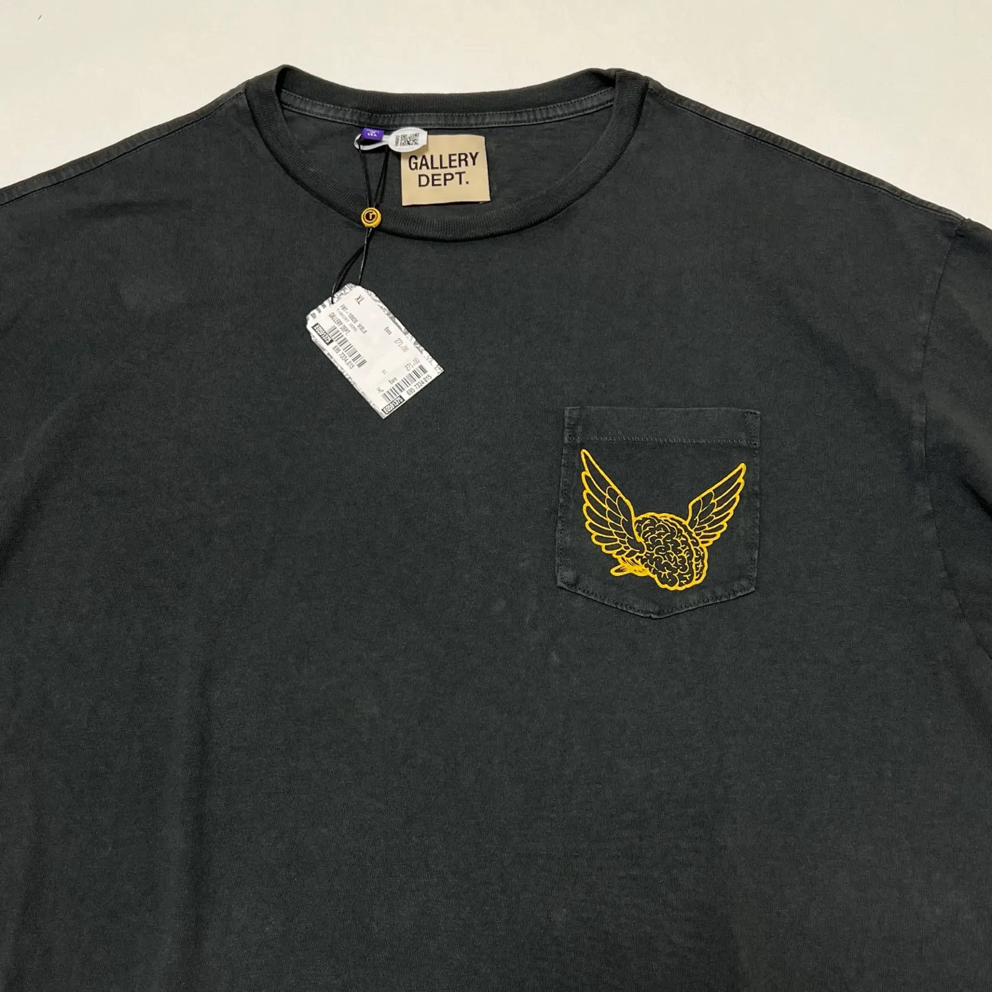 GALLERY DEPT. FLYING BRAIN POCKET TEE/WASHED BLACK Flying Brain Pocket TEE Washed Black S-XL Cylindrical Side Seam Seamless Genuine Fabric Heavy Industry Heavy Washing Garment Dyeing Bones with a Distinctive Old Feel Original American Loose Fit God Tailoring Original Same Main Mark/Washing Mark/Origin Mark